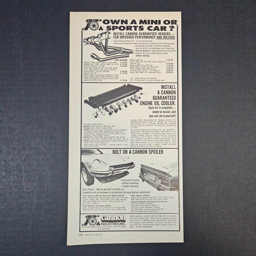 1974 Cannon Industries Performance Auto Parts Vintage Print Ad Culver City CA